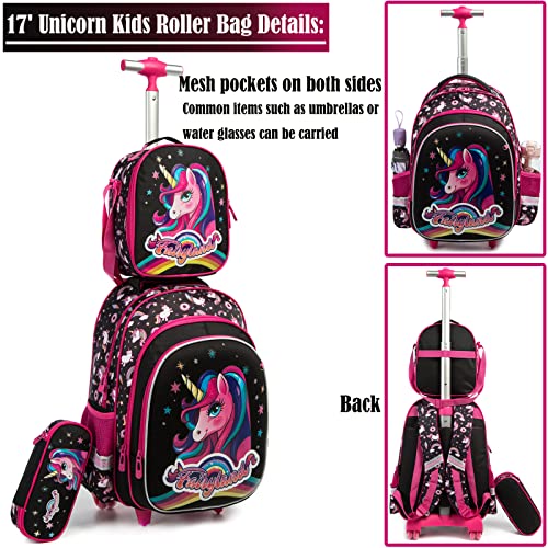 Egchescebo School Bags Kids Rolling Unicorn Backpack for Girls Luggage Suitcase With Wheels Trolley Wheeled Backpacks Travel Bags 3PCS Cat Backpack With Lunch Box Red…