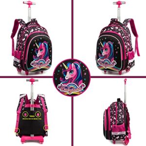 Egchescebo School Bags Kids Rolling Unicorn Backpack for Girls Luggage Suitcase With Wheels Trolley Wheeled Backpacks Travel Bags 3PCS Cat Backpack With Lunch Box Red…