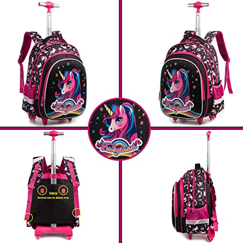 Egchescebo School Bags Kids Rolling Unicorn Backpack for Girls Luggage Suitcase With Wheels Trolley Wheeled Backpacks Travel Bags 3PCS Cat Backpack With Lunch Box Red…