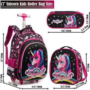 Egchescebo School Bags Kids Rolling Unicorn Backpack for Girls Luggage Suitcase With Wheels Trolley Wheeled Backpacks Travel Bags 3PCS Cat Backpack With Lunch Box Red…