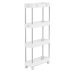 meldevo 4 tier slim storage cart mobile shelving unit organizer slide out storage rolling utility cart tower rack for kitchen bathroom laundry narrow places, plastic & stainless steel, white