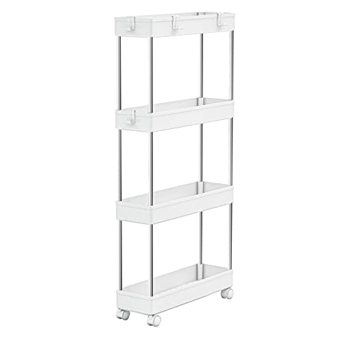 MELDEVO 4 Tier Slim Storage Cart Mobile Shelving Unit Organizer Slide Out Storage Rolling Utility Cart Tower Rack for Kitchen Bathroom Laundry Narrow Places, Plastic & Stainless Steel, White