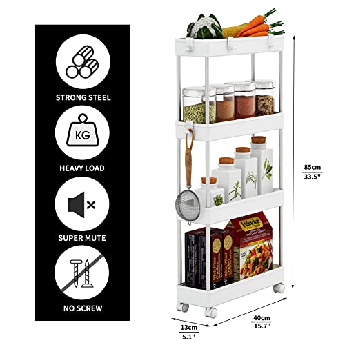 MELDEVO 4 Tier Slim Storage Cart Mobile Shelving Unit Organizer Slide Out Storage Rolling Utility Cart Tower Rack for Kitchen Bathroom Laundry Narrow Places, Plastic & Stainless Steel, White