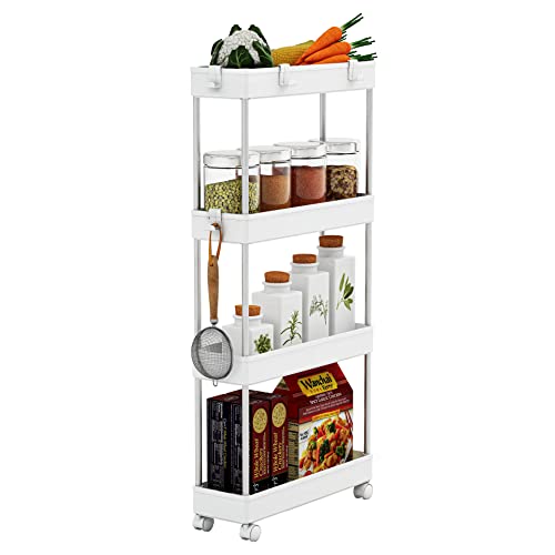 MELDEVO 4 Tier Slim Storage Cart Mobile Shelving Unit Organizer Slide Out Storage Rolling Utility Cart Tower Rack for Kitchen Bathroom Laundry Narrow Places, Plastic & Stainless Steel, White