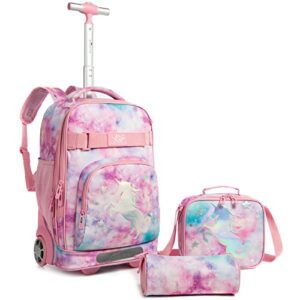 egchescebo kids rolling unicorn school backpack for girls luggage suitcase with wheels trolley wheeled backpacks for travel bags 18' 3pcs girls unicorn backpack with lunch box pink