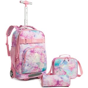 Egchescebo Kids Rolling Unicorn School Backpack for Girls Luggage Suitcase With Wheels Trolley Wheeled Backpacks for Travel Bags 18' 3PCS Girls Unicorn Backpack With Lunch Box Pink