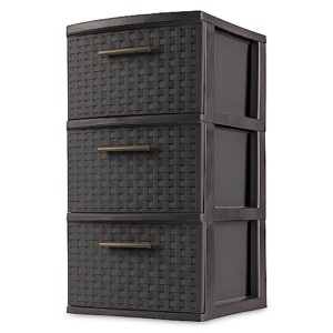 Sterilite 3 Drawer Wicker Weave Decorative Storage Organization Container Cabinet Tower with Driftwood Handles, Espresso (8 Pack)