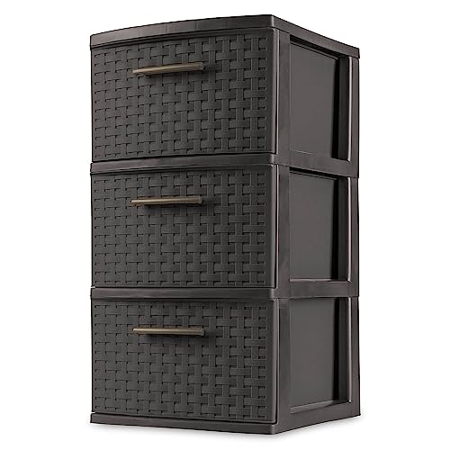 Sterilite 3 Drawer Wicker Weave Decorative Storage Organization Container Cabinet Tower with Driftwood Handles, Espresso (8 Pack)