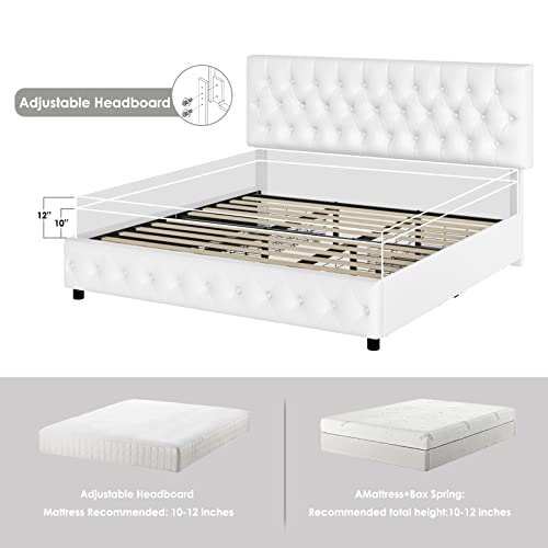 Keyluv Modern Upholstered Bed Frame with 4 Drawers, Button Tufted Headboard Design, Solid Wooden Slat Support, Easy Assembly, Queen Size, White