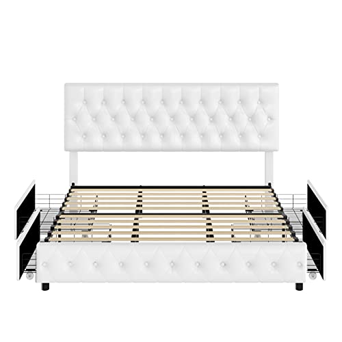 Keyluv Modern Upholstered Bed Frame with 4 Drawers, Button Tufted Headboard Design, Solid Wooden Slat Support, Easy Assembly, Queen Size, White