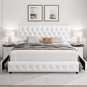 Keyluv Modern Upholstered Bed Frame with 4 Drawers, Button Tufted Headboard Design, Solid Wooden Slat Support, Easy Assembly, Queen Size, White