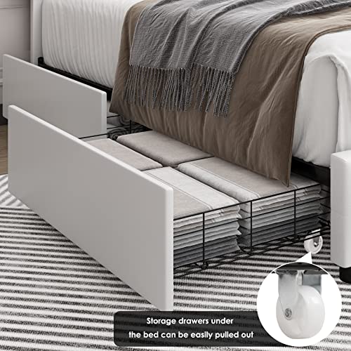 Keyluv Modern Upholstered Bed Frame with 4 Drawers, Button Tufted Headboard Design, Solid Wooden Slat Support, Easy Assembly, Queen Size, White