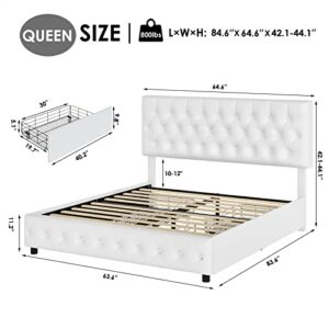 Keyluv Modern Upholstered Bed Frame with 4 Drawers, Button Tufted Headboard Design, Solid Wooden Slat Support, Easy Assembly, Queen Size, White