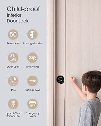 zincker Door Knob with Keypad Lock Interior Keyless Child Proof Electronic Pin Code Door Knob 5s Auto-Lock for Bedroom Apartment Garage Office Security Matte Black