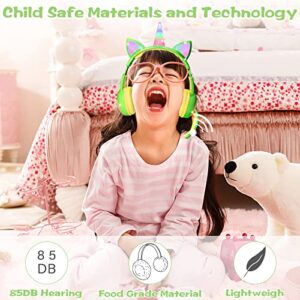 LED Lighting Unicorn Cat Ear Wired Headphones, Headphones for Kids with Microphone, Kids Headphones Safe Volume Limit 85DB, Headphones for Girls Boys for Online Learning/School/Travel/TabletGreen