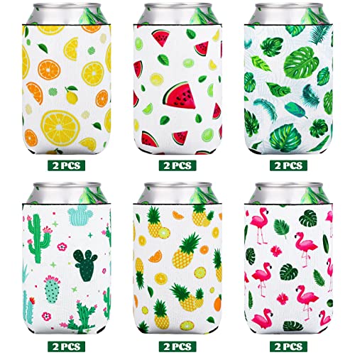 ADXCO 12 Pieces Can Cooler Sleeves Neoprene Thick Can Sleeves Soda Beverage Can Cover Beer Cooler Bag for Tropical Summer Beach Parties, Picnics, BBQs (5.1 x 3.9 Inch)