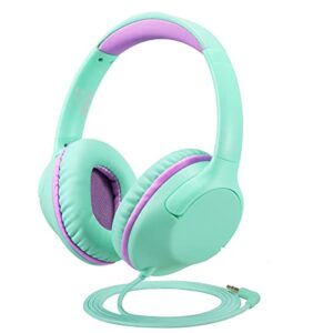 powmee kids headphones over-ear headphones for kids/teens/school with 94db volume limited adjustable stereo 3.5mm jack wire cord for fire tablets/travel/pc/phones(mint green)
