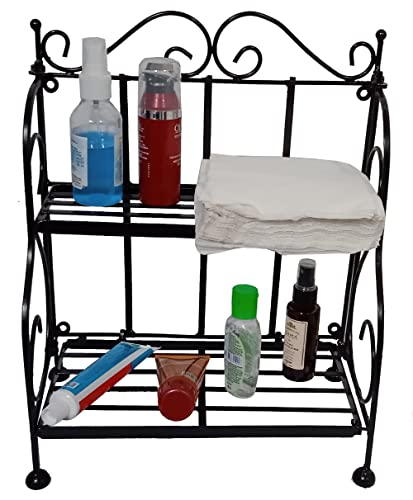 Purpledip Wrought Iron 2-Tier Foldable Table: Countertop Storage Shelf Rack Kitchen Bathroom Storage Organizer (12519)
