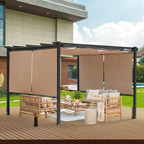 Aoodor 12 x 12 FT Outdoor Pergola with Retractable Canopy, Aluminum Frame, 2 Sides Patio Sun Shade Shelter for Backyard, Deck - Dark Brown