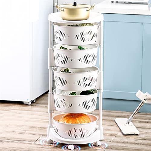 DYRABREST Multi-Layer Kitchen Storage Rack,5 Tier Rotating Vegetable Organizer with Lockable Casters,Floor-Standing Storage Rack,Household Storage Rack for Home Kitchen Bathroom Salon,White (5-Tier)