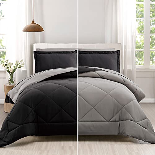 Queen Comforter Set 7 Pieces Bed in a Bag, Full/Queen Reversible Bed Set with Comforter, Flat Sheet, Fitted Sheet, Pillowcases & Shams, Black and Grey Bedding Sets for Queen Size Bed