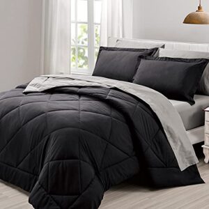 Queen Comforter Set 7 Pieces Bed in a Bag, Full/Queen Reversible Bed Set with Comforter, Flat Sheet, Fitted Sheet, Pillowcases & Shams, Black and Grey Bedding Sets for Queen Size Bed