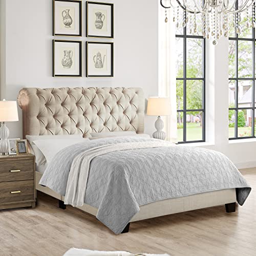 Rosevera Gideon Platform Bed Frame/Fabric Upholstered Bed Frame with Adjustable Headboard/Chesterfield-Styled/Wood Slat Support/Easy Assembly,King,Beige