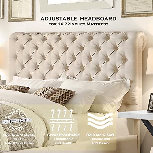 Rosevera Gideon Platform Bed Frame/Fabric Upholstered Bed Frame with Adjustable Headboard/Chesterfield-Styled/Wood Slat Support/Easy Assembly,King,Beige