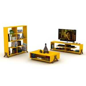 HT Design Kipp Cross Legs Wooden Frame Rectengular Coffee Table for Living Rooms with Interior Shelving, Walnut/Yellow