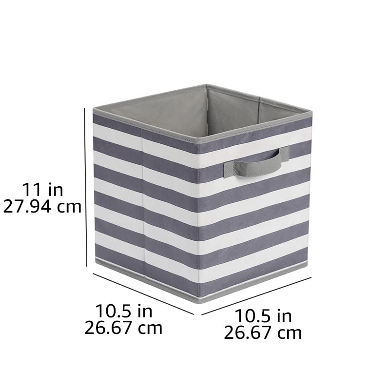 Amazon Basics Collapsible Fabric Storage Cubes Organizer with Handles, 10.5"x10.5"x11", White/ Light Grey Stripe - Pack of 6