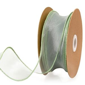 1.5 inch sheer organza ribbon seagrass green wavy knot wired ribbon 25 yards for gift wrapping, bouquet wrapping,craft，christmas-birthday-wedding-party decoration (1.5 inch, seagrass green)