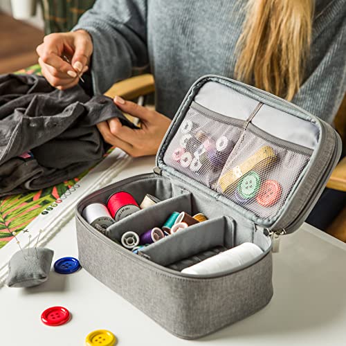 Double-Layer Sewing Box with Handle - Water-Resistant Sewing Organizer Stores Your Sewing Supplies in 1 Convenient Case with Multiple Pockets, Gray