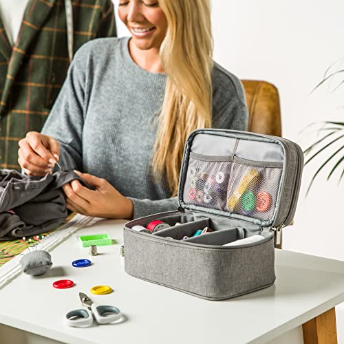 Double-Layer Sewing Box with Handle - Water-Resistant Sewing Organizer Stores Your Sewing Supplies in 1 Convenient Case with Multiple Pockets, Gray