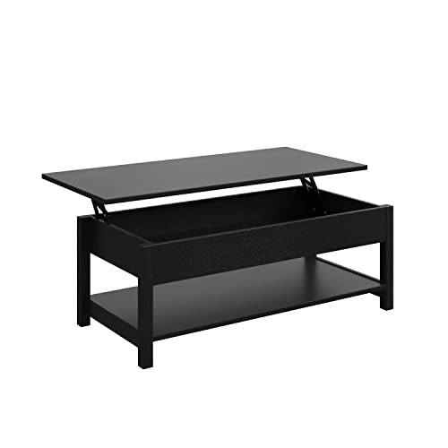 Panana Lift Top Coffee Table with Hidden Compartment & Open Storage Shelf, Lift Tabletop Farmhouse Table Pop Up Table for Living Room,Home Office Reception, 45.28" L x 21.16" W x 16.14" H (Black)