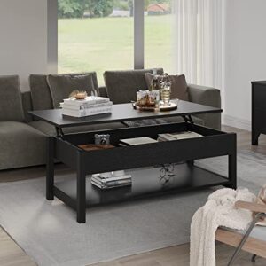 Panana Lift Top Coffee Table with Hidden Compartment & Open Storage Shelf, Lift Tabletop Farmhouse Table Pop Up Table for Living Room,Home Office Reception, 45.28" L x 21.16" W x 16.14" H (Black)