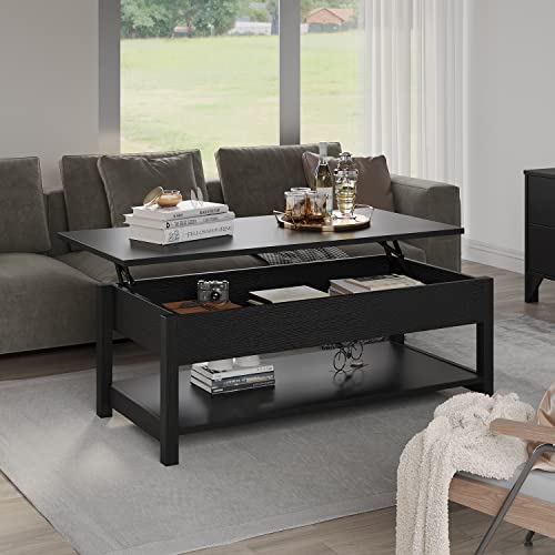 Panana Lift Top Coffee Table with Hidden Compartment & Open Storage Shelf, Lift Tabletop Farmhouse Table Pop Up Table for Living Room,Home Office Reception, 45.28" L x 21.16" W x 16.14" H (Black)