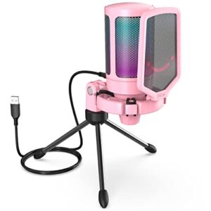 fifine usb gaming pc microphone for streaming podcasts, ampligame rgb computer condenser desktop mic, cardioid pattern for youtube video, plug and play on ps4 ps5, with quick mute, mic gain-a6v pink