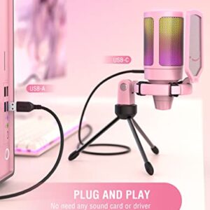 FIFINE USB Gaming PC Microphone for Streaming Podcasts, AmpliGame RGB Computer Condenser Desktop Mic, Cardioid Pattern for YouTube Video, Plug and Play on PS4 PS5, with Quick Mute, Mic Gain-A6V Pink