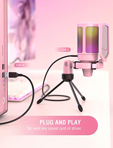 FIFINE USB Gaming PC Microphone for Streaming Podcasts, AmpliGame RGB Computer Condenser Desktop Mic, Cardioid Pattern for YouTube Video, Plug and Play on PS4 PS5, with Quick Mute, Mic Gain-A6V Pink