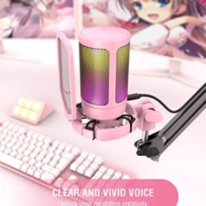 FIFINE USB Gaming PC Microphone for Streaming Podcasts, AmpliGame RGB Computer Condenser Desktop Mic, Cardioid Pattern for YouTube Video, Plug and Play on PS4 PS5, with Quick Mute, Mic Gain-A6V Pink