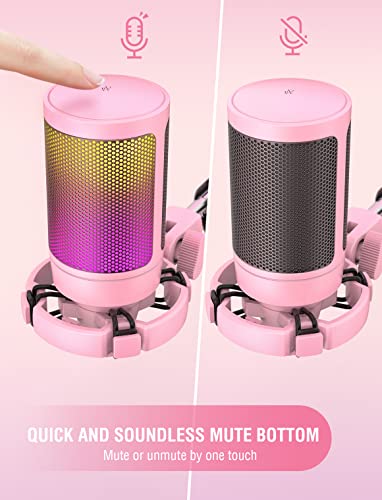 FIFINE USB Gaming PC Microphone for Streaming Podcasts, AmpliGame RGB Computer Condenser Desktop Mic, Cardioid Pattern for YouTube Video, Plug and Play on PS4 PS5, with Quick Mute, Mic Gain-A6V Pink