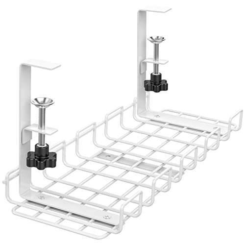 Cable Management Under Desk Tray,Under Desk Cable Organizers for Wire Management.15.75" Under Desk Cord Organizer with Clamp Mount System for Wire Management(White Cable Tray -L15.75"x W6.3"x H7.09")