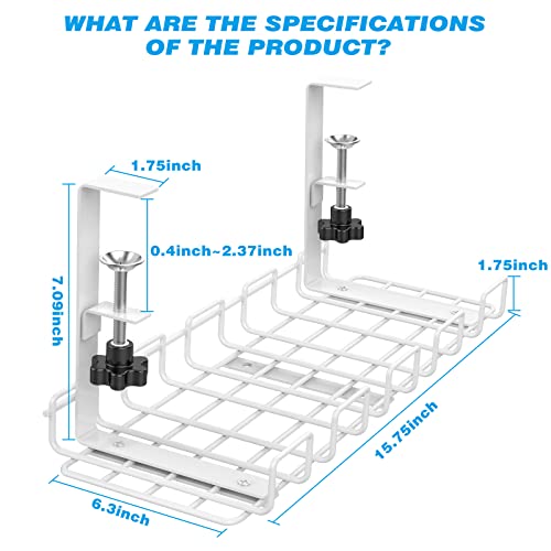 Cable Management Under Desk Tray,Under Desk Cable Organizers for Wire Management.15.75" Under Desk Cord Organizer with Clamp Mount System for Wire Management(White Cable Tray -L15.75"x W6.3"x H7.09")