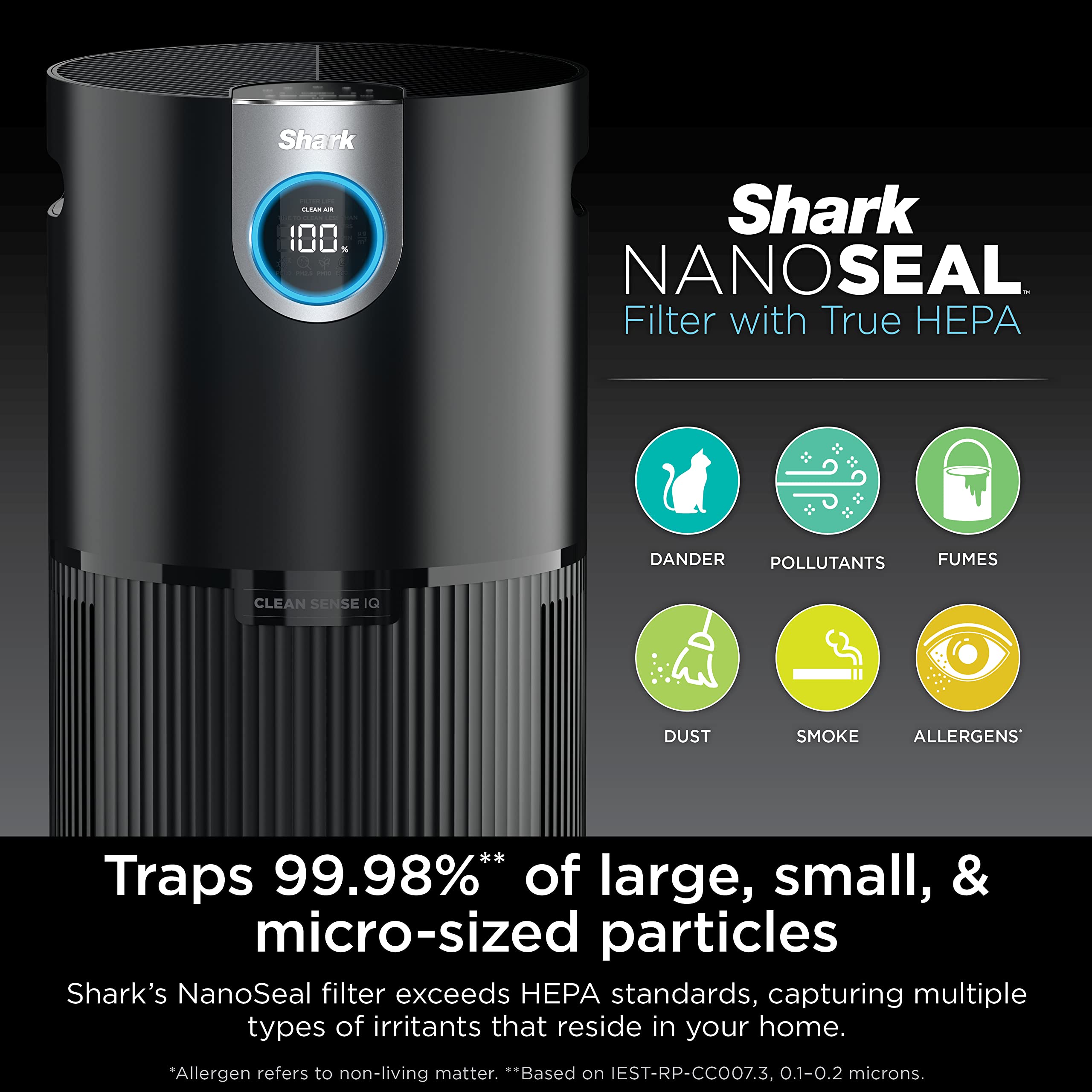 Shark HP202 Clean Sense Air Purifier MAX for Home, Allergies, HEPA Filter, 1200 Sq Ft, XL Room, Living Room, Whole Home, Captures 99.98% of Particles, Pollutants, Dust, Smoke, Allergens & Smells, Grey