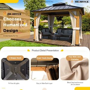 RICHRYCE 11' x 11' Solid Wood Gazebo, Hardtop Gazebo Plastic Sprayed Metal Roof Outdoor Gazebo Canopy Double Vented Roof Pergolas Wood Frame with Netting and Curtains for Garden, Patio, Lawns, Parties