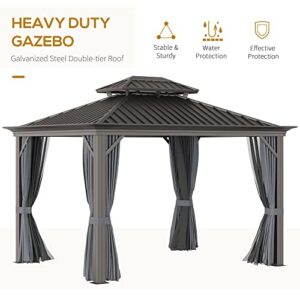 Outsunny 10' x 12' Hardtop Gazebo Canopy with Galvanized Steel Double Roof, Aluminum Frame, Permanent Pavilion Outdoor Gazebo with Netting and Curtains for Patio, Garden, Backyard, Deck, Lawn, Gray