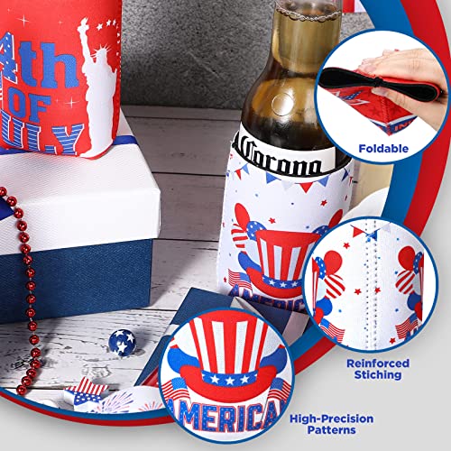 24 Pcs 4th of July Can Cooler Sleeve Independence Day Can Coolers American Flag Patriotic Funny Collapsible Neoprene Insulators for 12 oz Beer Drink Can Bottle Party Supplies