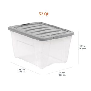 Amazon Basics 32 Quart Stackable Plastic Storage Bin with Latching Lid- Clear/ Grey- Pack of 6