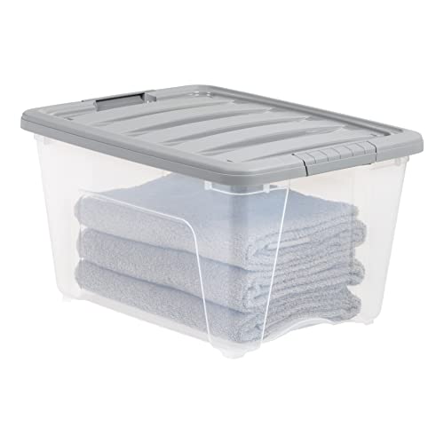 Amazon Basics 32 Quart Stackable Plastic Storage Bin with Latching Lid- Clear/ Grey- Pack of 6