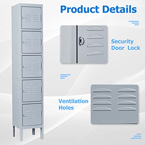 Letaya Metal Lockers, 5 Doors -66" Tall Steel Storage Cabinets Lockable for Employees, School,Gym, Home,Office,Mudroom,Industrial Lockers (Gray)